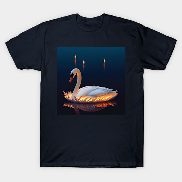 Beautiful, Graceful Swan glowing in a Candlelit Lake. Romantic Image T-Shirt by Geminiartstudio
